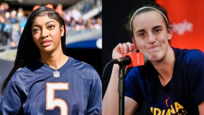 Angel Reese in Bears jersey and Caitlin Clark talking to reporters