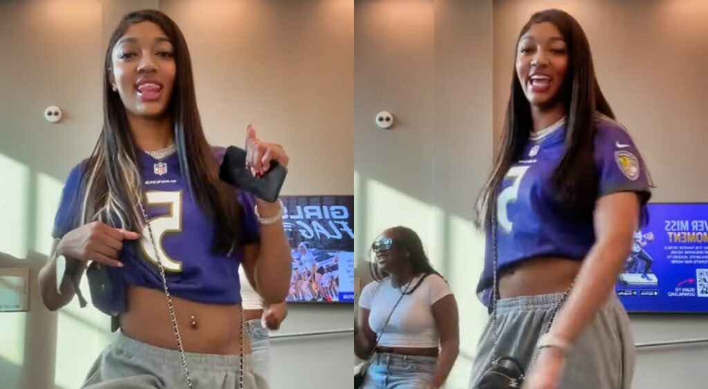 Angel Reese dancing in Ravens jersey