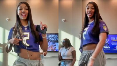 Angel Reese dancing in Ravens jersey