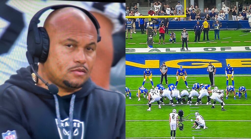 Antonio Pierce looks on from the sideline and Raiders line up for a field-goal vs. the Rams.