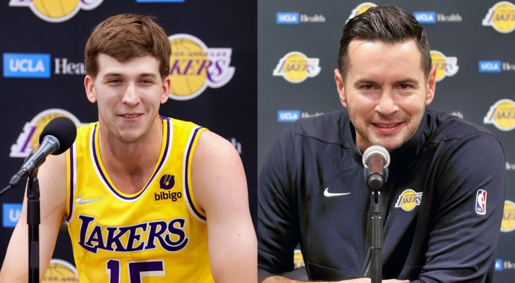 Austin Reaves of the Los Angeles Lakers on a meet with media, and Head coach JJ Redick of the Los Angeles Lakers speaks with media prior to a NBA game