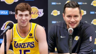 Austin Reaves of the Los Angeles Lakers on a meet with media, and Head coach JJ Redick of the Los Angeles Lakers speaks with media prior to a NBA game