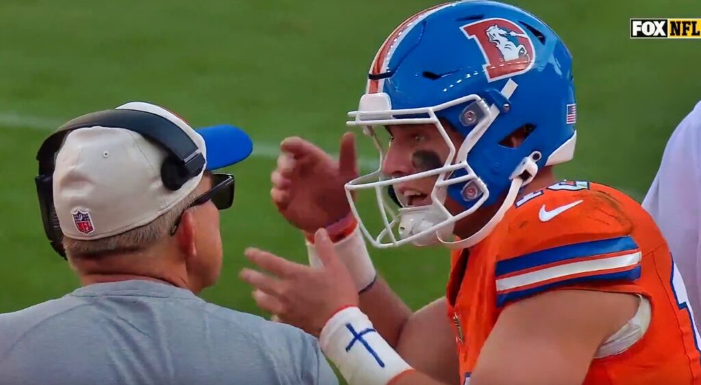 Bo Nix and Sean Payton arguing