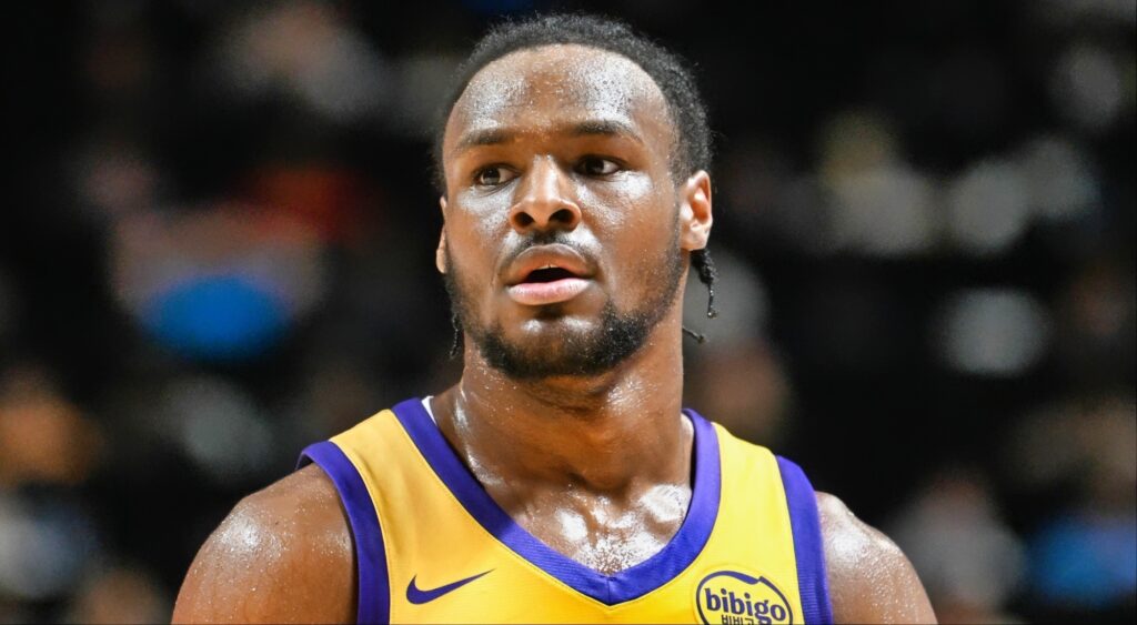 Bronny James Jr. of the Los Angeles Lakers looks on against the Houston Rockets.