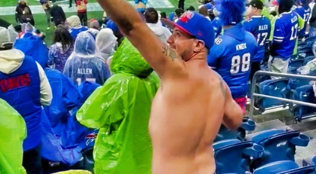 Buffalo Bills fan with no shirt in stands