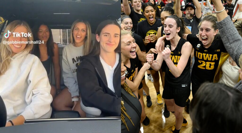 Caitlin Clark and her Iowa teammates in a car and on the court.