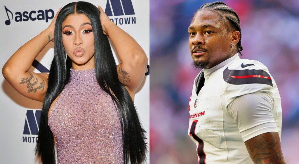 Cardi B posing And Stefon Diggs in Texans uniform