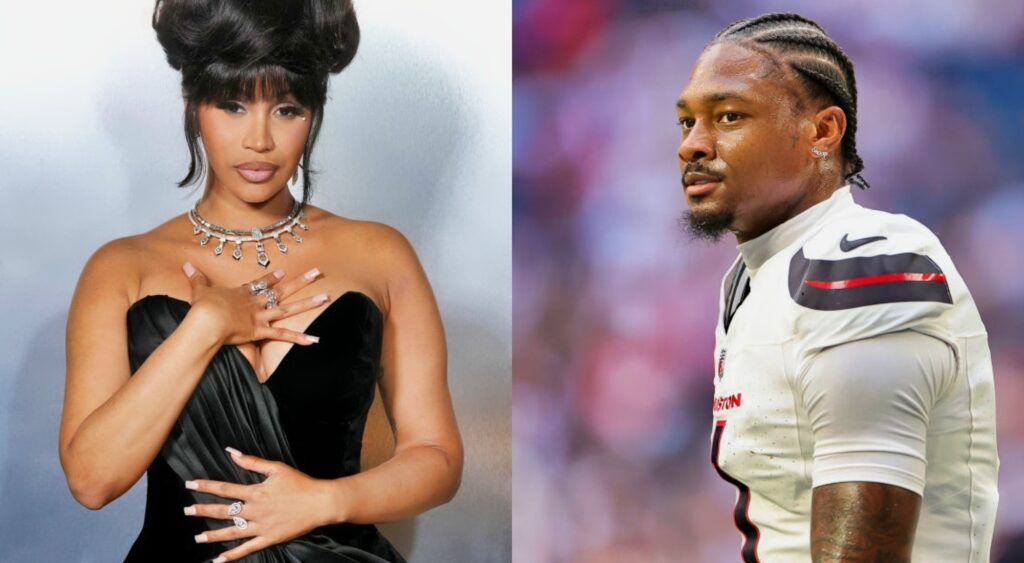 Cardi B posing in black dress and Stefon Diggs in uniform