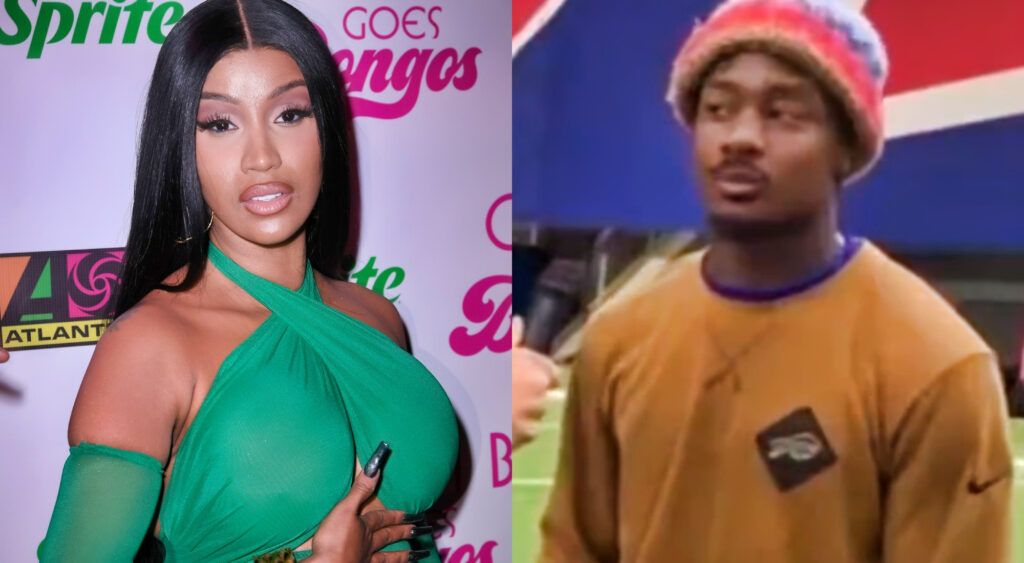 Cardi B in green dress (left) and Stefon Diggs being interviewed (right)