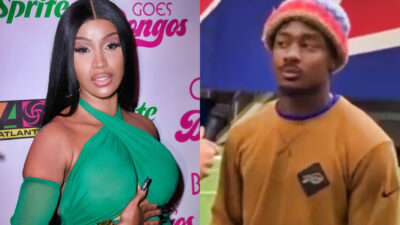 Cardi B in green dress (left) and Stefon Diggs being interviewed (right)