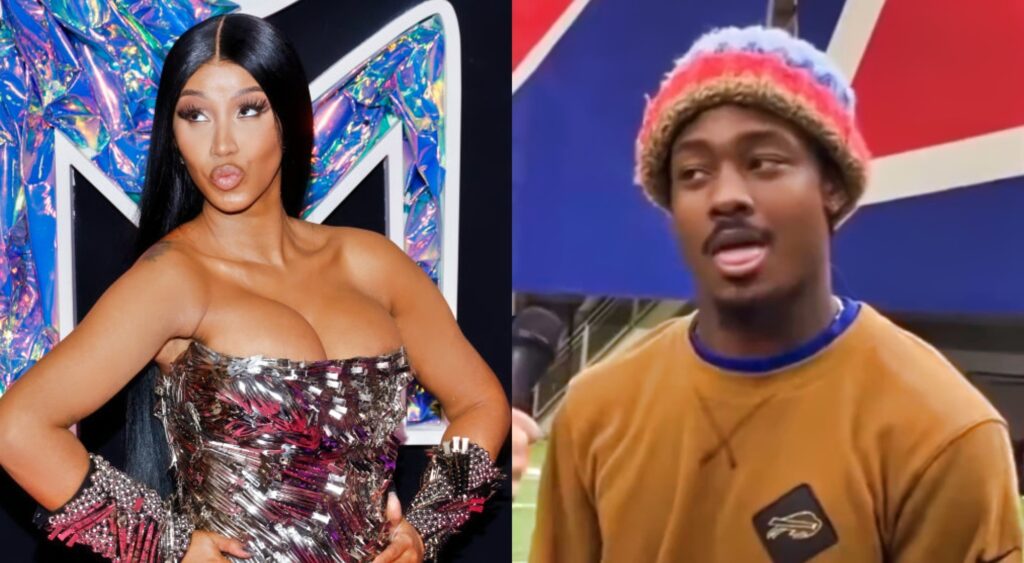 Cardi B posing and making kissy face and Stefon Diggs sticking tongue out