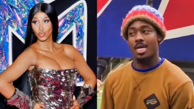 Cardi B posing and making kissy face and Stefon Diggs sticking tongue out