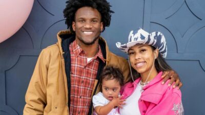 Charvarius Ward with his girlfriend, Monique Cook, and their daughter, Amani.