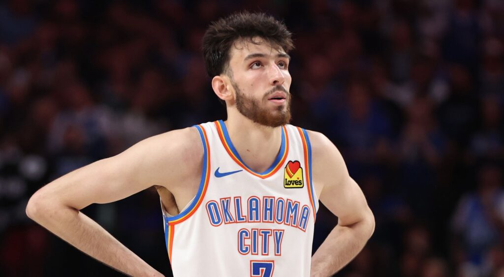 Chet Holmgren of the Oklahoma City Thunder on a NBA match against the Dallas Mavericks