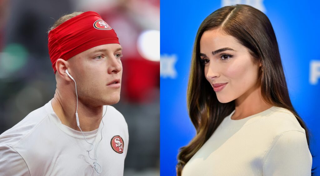 Christian McCaffrey looking on and Olivia Culpo posing on the red carpet.