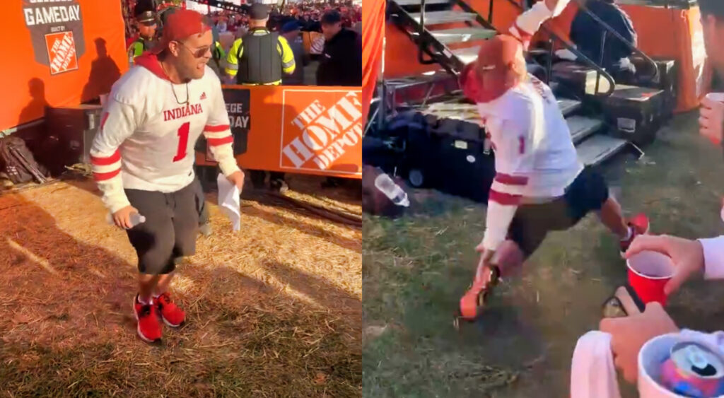 Photos of 'College GameDay' kicker falling