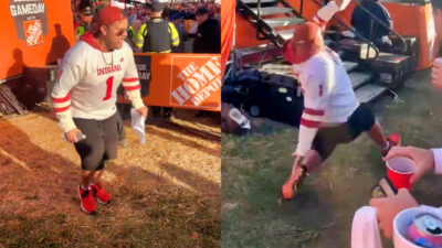 Photos of 'College GameDay' kicker falling