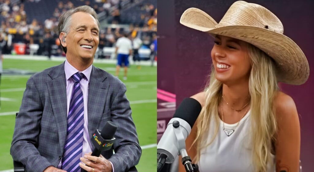 Cris Collinsworth on football field smiling and Hawk Tuah on podcast