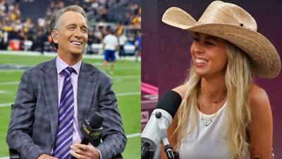 Cris Collinsworth on football field smiling and Hawk Tuah on podcast