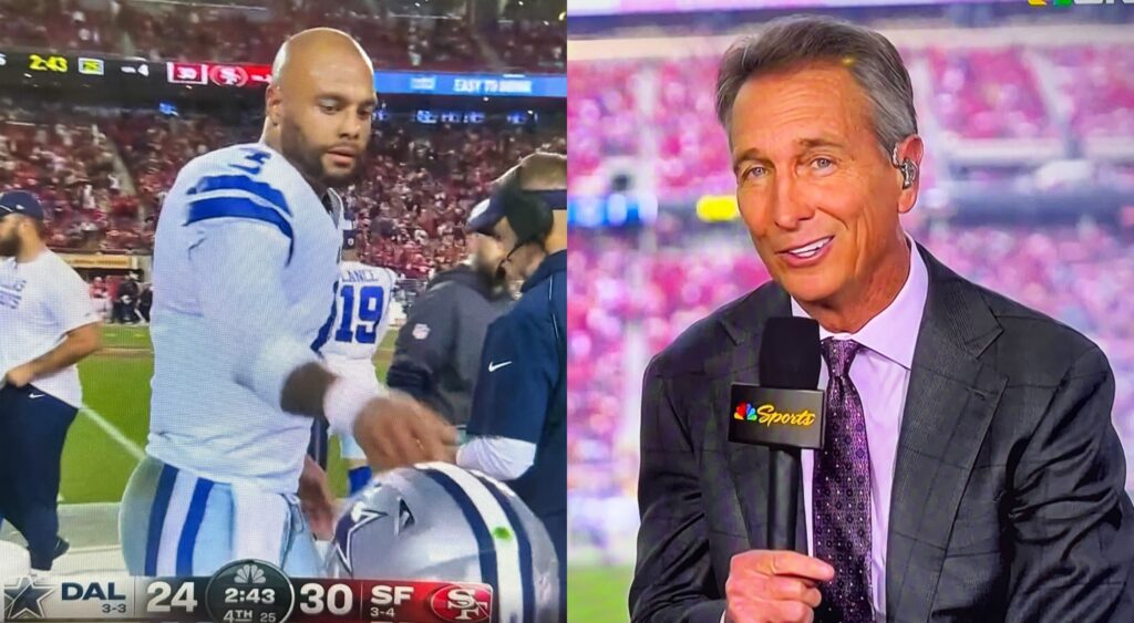 Dak Prescott on the bench during SNF and Cris Collinsworth in the broadcast booth.