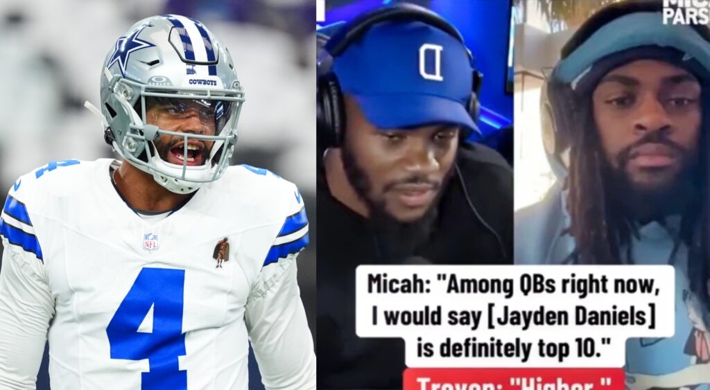 Dak Prescott looks on and Micah Parsons with Trevon Diggs on their podcast.