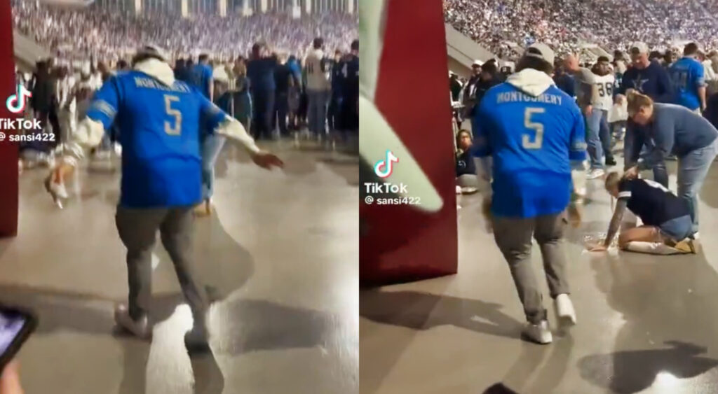 Photos of Detroit Lion fan dancing while Dallas Cowboys fan vomits