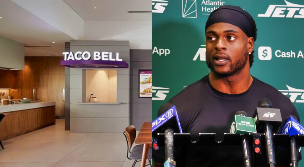 Photo of fictional Taco bell restaurant in Davante Adams' house and photo of Davante Adams speaking to reporters