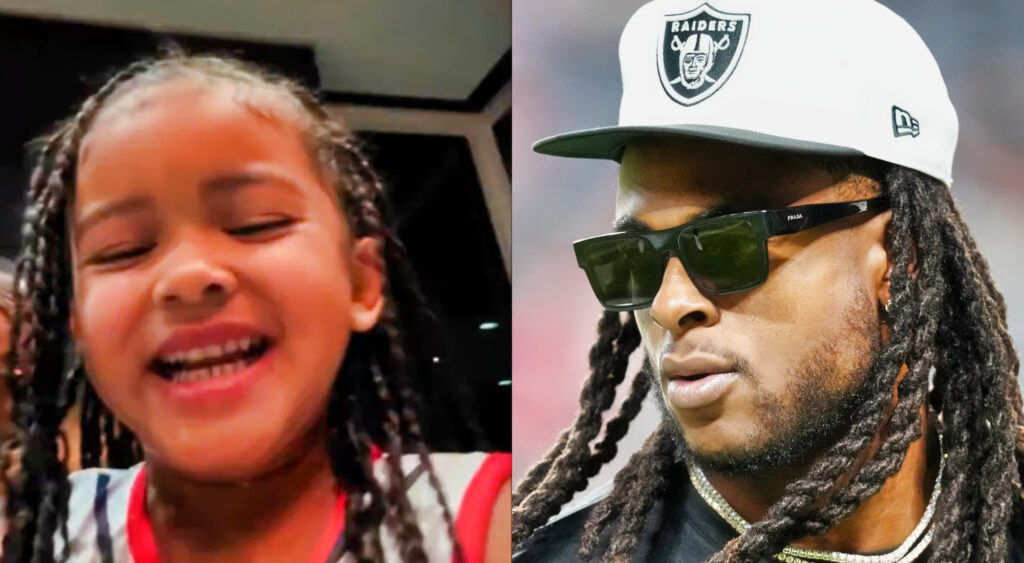 Photo of Davante Adams' daughter smiling and photo of Davante Adams wearing Raiders cap