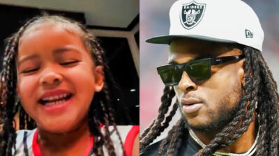 Photo of Davante Adams' daughter smiling and photo of Davante Adams wearing Raiders cap