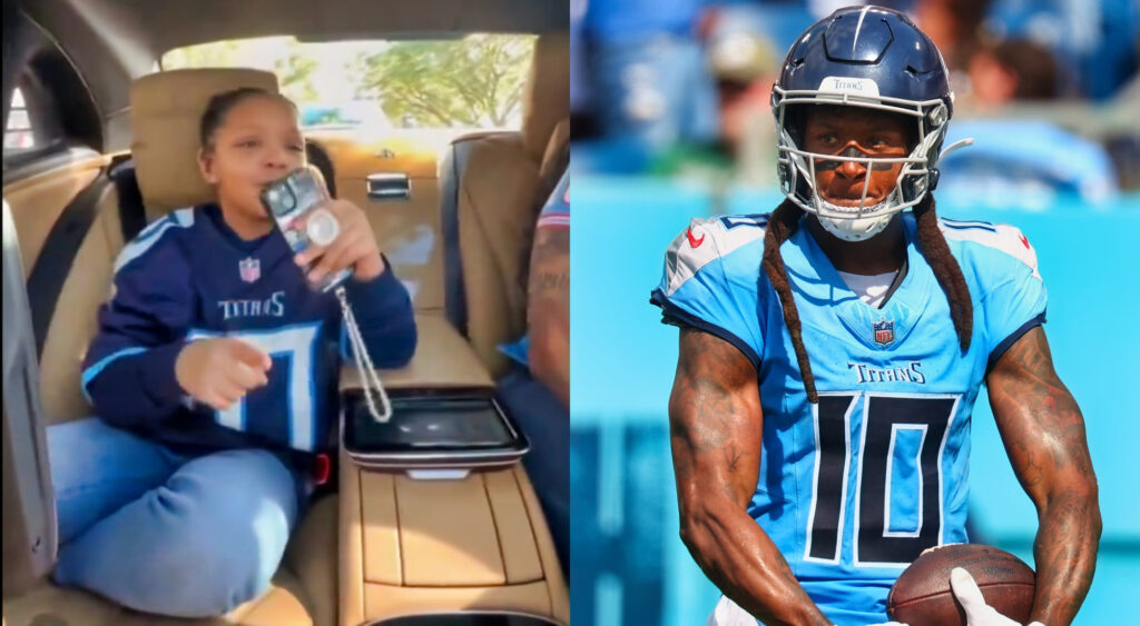 Photo of DeAndre Hopkins daughter holding a phone and photo of DeAndre Hopkins in Titans gear