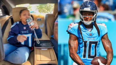 Photo of DeAndre Hopkins daughter holding a phone and photo of DeAndre Hopkins in Titans gear