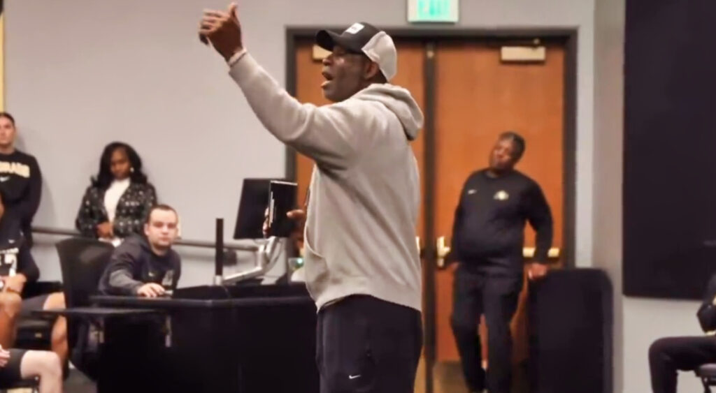 Deion Sanders speaking to Colorado players