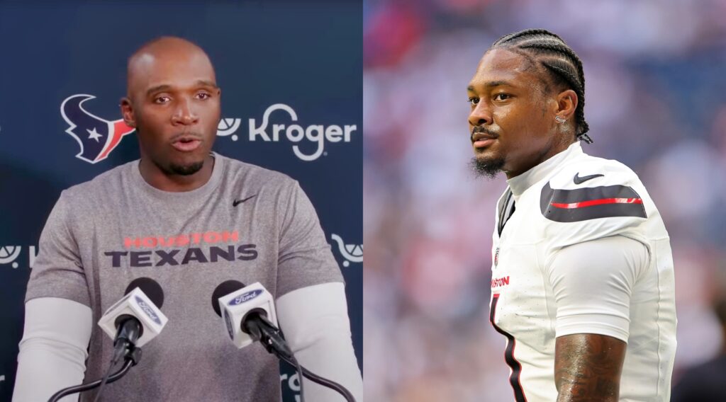 DeMeco Ryans at a press conference and Stefon Diggs looking on during a game.