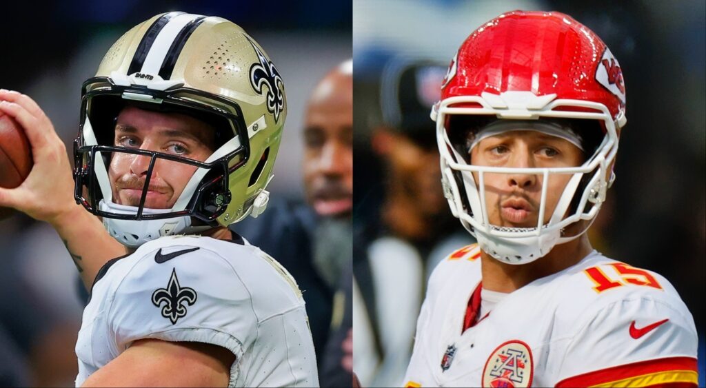 Derek Carr and Patrick Mahomes in uniform.