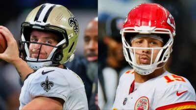 Derek Carr and Patrick Mahomes in uniform.