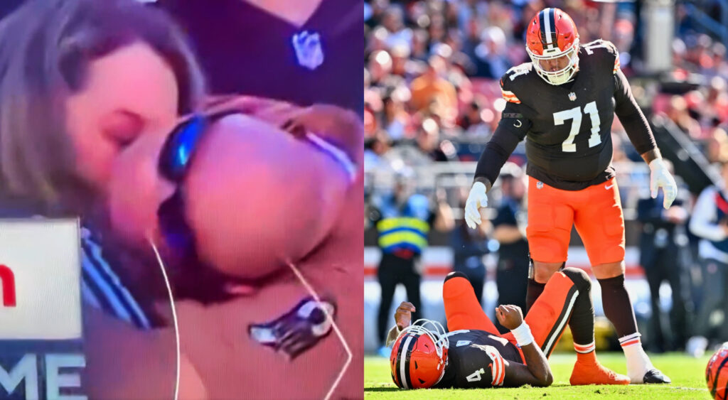 Photo of Browns fans kissing and photo of Deshaun Watson on the gorund.