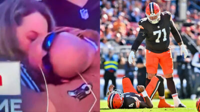 Photo of Browns fans kissing and photo of Deshaun Watson on the gorund.