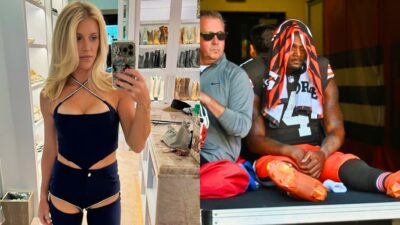 Deshaun Watson on cart and Kelly Stafford posing in mirror