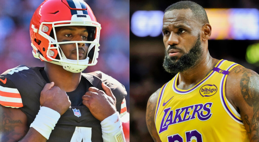 Deshaun Watson in Browns uniform (left), LeBron James in Lakers jersey (right)