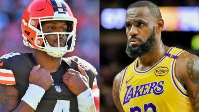 Deshaun Watson in Browns uniform (left), LeBron James in Lakers jersey (right)