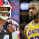 Deshaun Watson in Browns uniform (left), LeBron James in Lakers jersey (right)