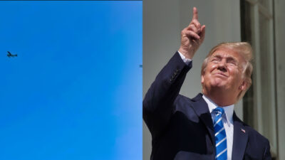 Photo of plane in the sky and photo of Donald Trump pointing upward