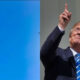 Photo of plane in the sky and photo of Donald Trump pointing upward