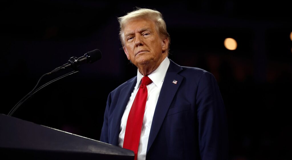 Republican presidential nominee, former U.S. President Donald Trump delivers remarks at a campaign rally at the Santander Arena on October 09, 2024 in Reading, Pennsylvania.