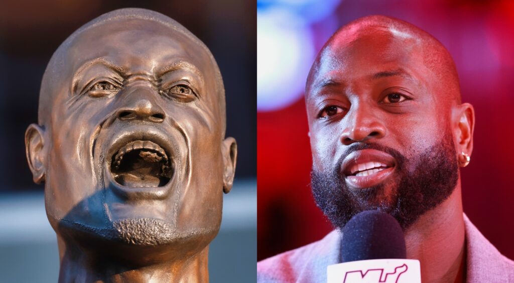 Dwyane Wade's statue and Wade speaking on the mic.