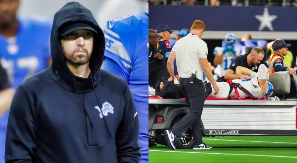 Eminem on Lions sideline in hoodie and Aidan Hutchinson on cart