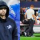 Eminem on Lions sideline in hoodie and Aidan Hutchinson on cart