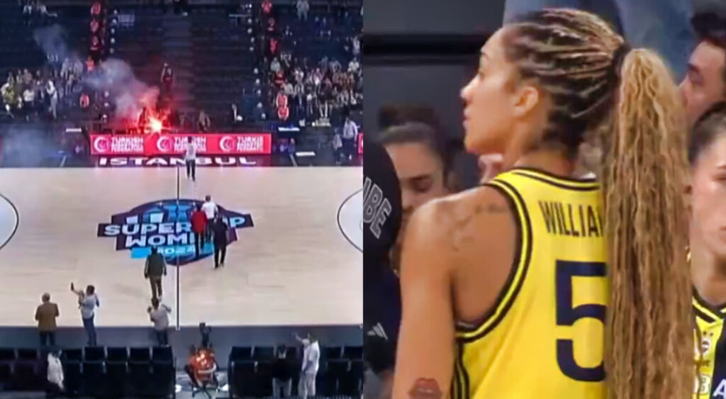 Photo of basketball court and photo of Gabby Williams in Fenerbahce uniform