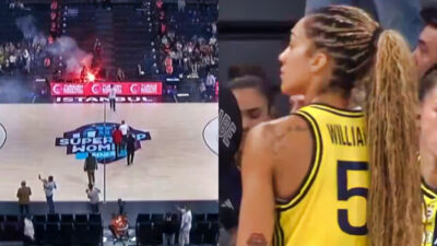 Photo of basketball court and photo of Gabby Williams in Fenerbahce uniform