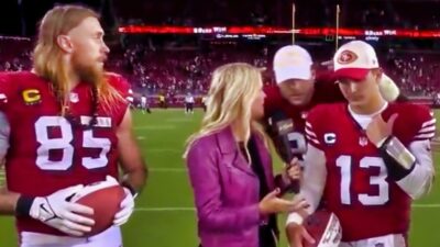 George Kittle, Nick Bosa, Brock Purdy during interview